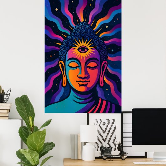 Psychedelic Zen Buddha - Third Eye Cosmic Vibratio Poster (Thuiskantoor)