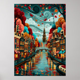 Psychedelisch Amsterdam Grachtstadsgezicht Poster
