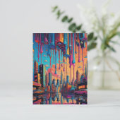 Psychedelisch Blauw Oranje Druppelende Stad Briefkaart (Staand voorkant)