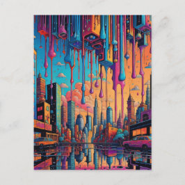 Psychedelisch Blauw Oranje Druppelende Stad Briefkaart
