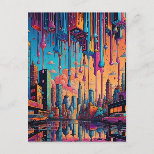 Psychedelisch Blauw Oranje Druppelende Stad Briefkaart (Voorkant)