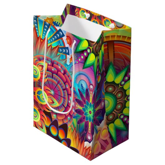 Psychedelisch bloemenpatroon medium cadeauzakje (Voorkant Gekanteld)