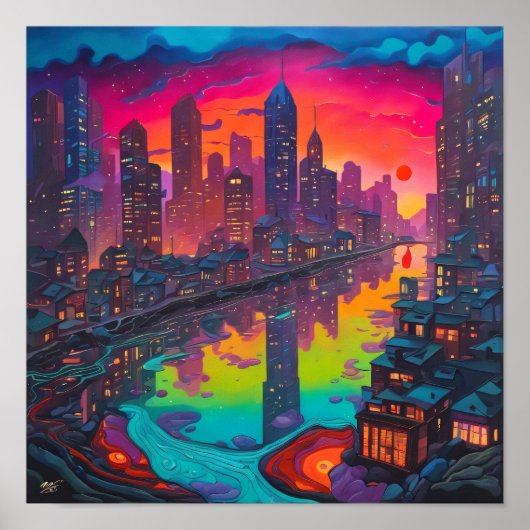 Psychedelisch donker stadsgezicht poster (Voorkant)