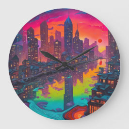 Psychedelisch donkerder stadsgezicht grote klok