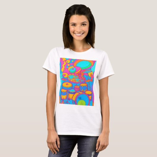 Psychedelisch 'drumkit' ontwerp. T-Shirt (Voorkant volledig)