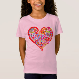 Psychedelisch hart, liefde, vredesteken, bloemen t-shirt