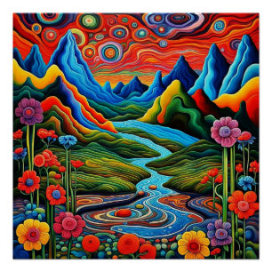 Psychedelisch landschap met rivier 2 perfect poster