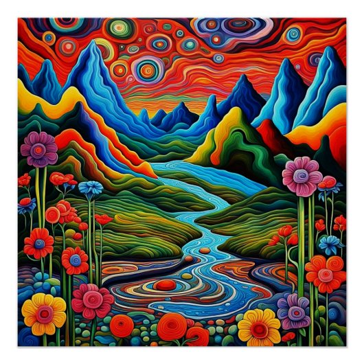 Psychedelisch landschap met rivier 2 perfect poster (Voorkant)