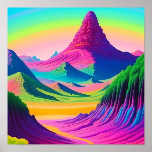 Psychedelisch Landschap Roze Groene Berg Kunst Poster (Voorkant)