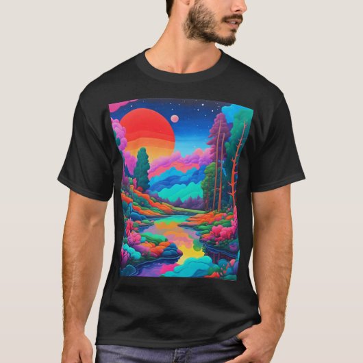 Psychedelisch landschap roze groene kunst t-shirt (Voorkant)