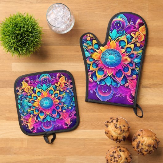 Psychedelisch Mandala-ontwerp Ovenwant & Pannenlap Set (Top down)
