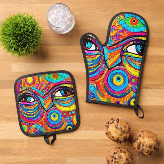 Psychedelisch oogontwerp Uitzicht Ovenwant & Pannenlap Set (Top down)