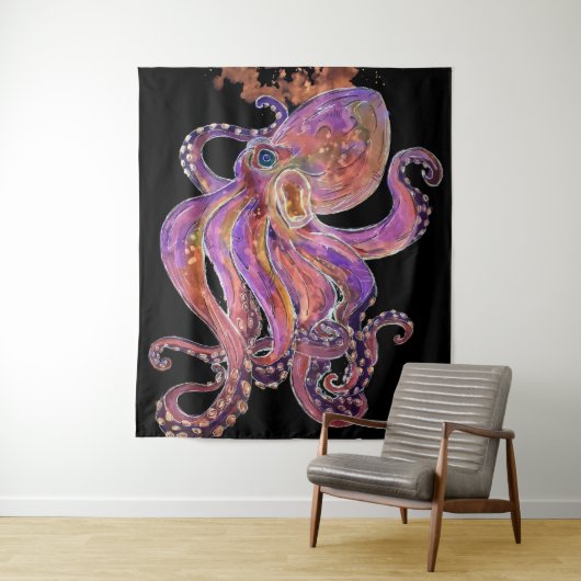 Psychedelisch Paarse Diepzee Kraken Wandkleed (In situ)