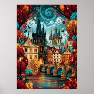 Psychedelisch Praag Charles Brug Stadsgezicht Poster