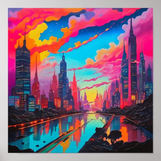 Psychedelisch roze blauwe stadslandschap poster (Voorkant)