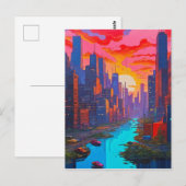 Psychedelisch roze stadsgezicht met rivier briefkaart (Voorkant / Achterkant)