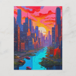 Psychedelisch roze stadsgezicht met rivier briefkaart