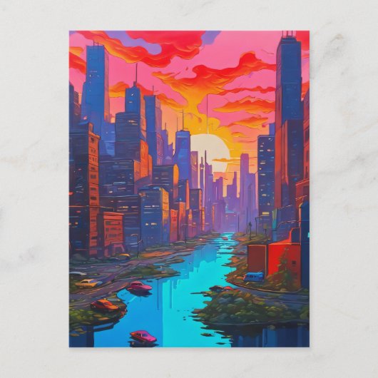 Psychedelisch roze stadsgezicht met rivier briefkaart (Voorkant)