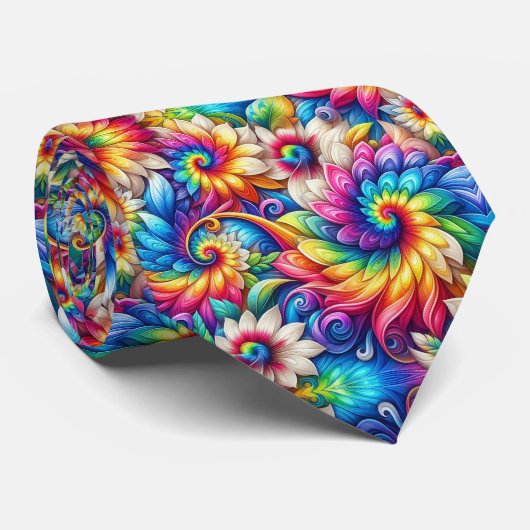 Psychedelisch Tie-Dye Bloemmotief Stropdas (Opgerold)