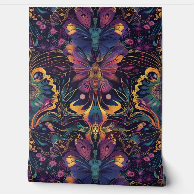 Psychedelisch vliegtapijt botanisch behang (Afrollen)