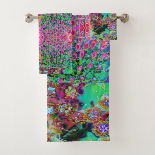 Psychedelische Abstract Groovy Paarse Sedum Bad Handdoek (Insitu)