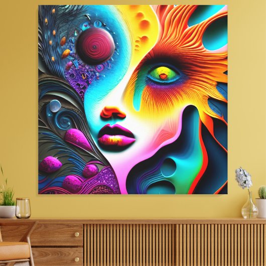 Psychedelische Abstracte gezicht Vibrant Trippy Canvas Afdruk (Insitu (Woonkamer))