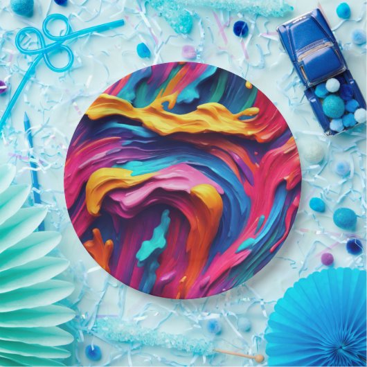 Psychedelische Abstracte kleurrijke verfstreken Papieren Bordje (Feest)