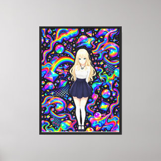 Psychedelische Anime Meisje Neon Regenboog Patroon Canvas Afdruk