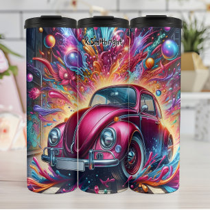 Psychedelische auto in een explosie van kleur thermosbeker