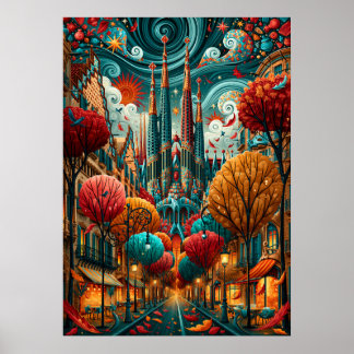 Psychedelische Barcelone Sagrada Familia Stadsgezi Poster