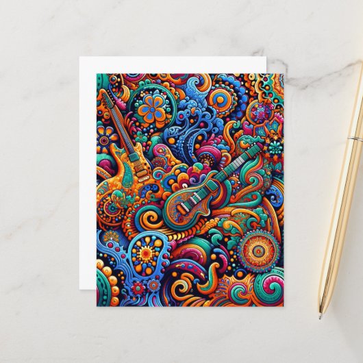 Psychedelische Batik Gitaar Art-Kleurrijke Retro M (Voorkant / Achterkant in situ)