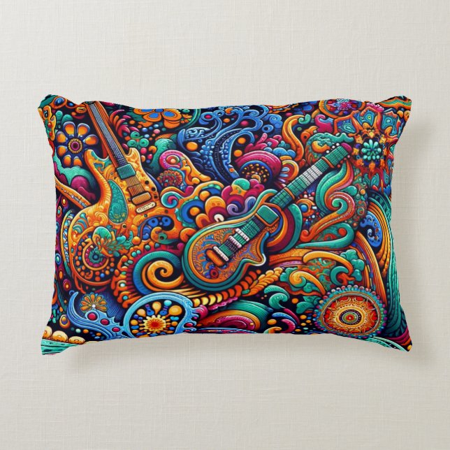 Psychedelische Batik Gitaar Art-Kleurrijke Retro M Accent Kussen (Voorkant)