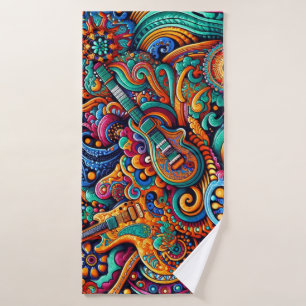 Psychedelische Batik Gitaar Art-Kleurrijke Retro M Bad Handdoek