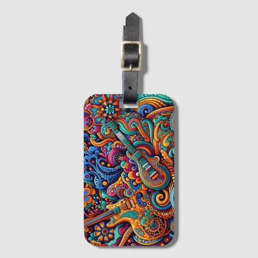 Psychedelische Batik Gitaar Art-Kleurrijke Retro M Bagagelabel (Voorkant (verticaal))