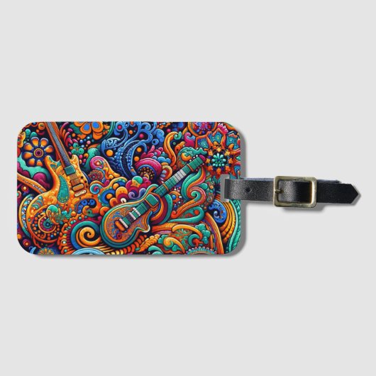 Psychedelische Batik Gitaar Art-Kleurrijke Retro M Bagagelabel (Voorkant (horizontaal))