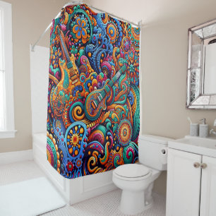 Psychedelische Batik Gitaar Art-Kleurrijke Retro M Douchegordijn
