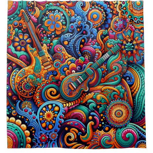 Psychedelische Batik Gitaar Art-Kleurrijke Retro M Douchegordijn (Voorkant)
