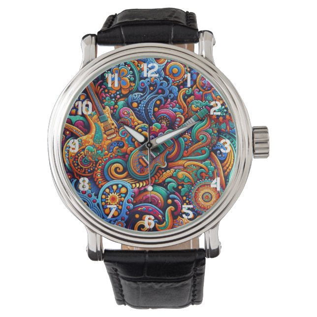 Psychedelische Batik Gitaar Art-Kleurrijke Retro M Horloge (Voorkant)