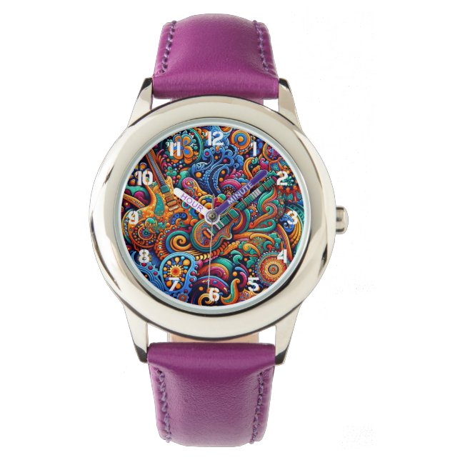 Psychedelische Batik Gitaar Art-Kleurrijke Retro M Horloge (Voorkant)