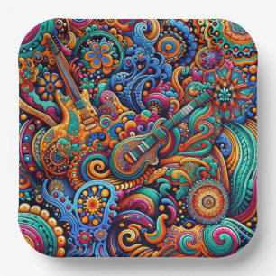 Psychedelische Batik Gitaar Art-Kleurrijke Retro M Papieren Bordje