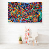 Psychedelische Batik Gitaar Art-Kleurrijke Retro M Spandoek (Insitu)