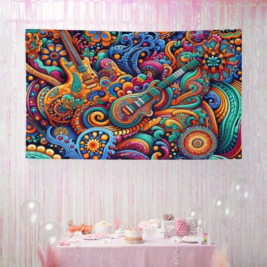 Psychedelische Batik Gitaar Art-Kleurrijke Retro M Spandoek (Feest)