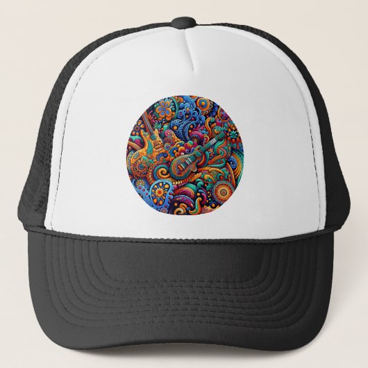 Psychedelische Batik Gitaar Art-Kleurrijke Retro M Trucker Pet (Voorkant)