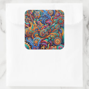Psychedelische Batik Gitaar Art-Kleurrijke Retro M Vierkante Sticker