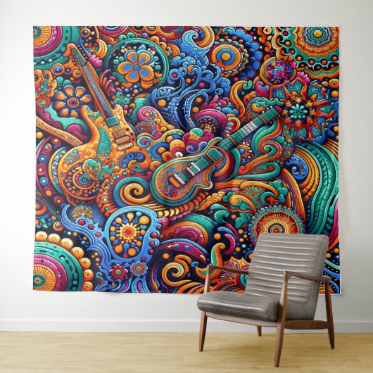 Psychedelische Batik Gitaar Art-Kleurrijke Retro M Wandkleed (In Situ (horizontaal))