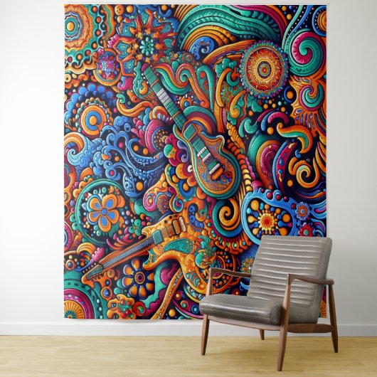 Psychedelische Batik Gitaar Art-Kleurrijke Retro M Wandkleed (In situ)