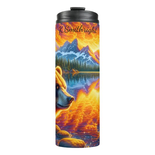 Psychedelische Beer Mountain Lake Sunset Thermosbeker (Voorkant)