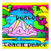 Psychedelische bergen, meer, bomen. Vrede Foto Afdruk (Voorkant)