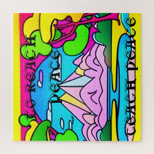 Psychedelische bergen, meer, bomen. Vrede Legpuzzel (Verticaal)