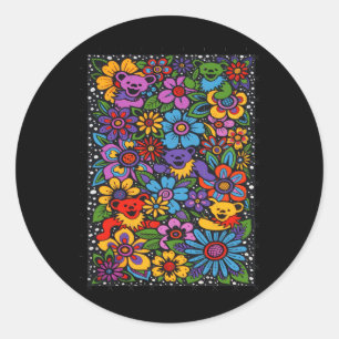 Psychedelische Bloemen Dansende Beren Kleurrijk Da Ronde Sticker